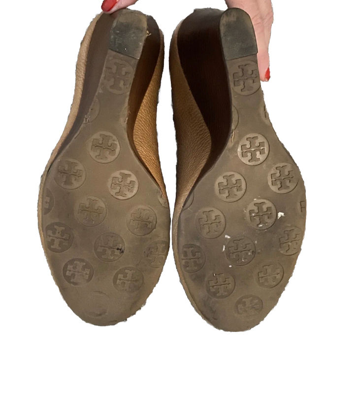 Thumbnail: Tory Burch Julianne Camel Peep Toe Wedge Heels- Size 9