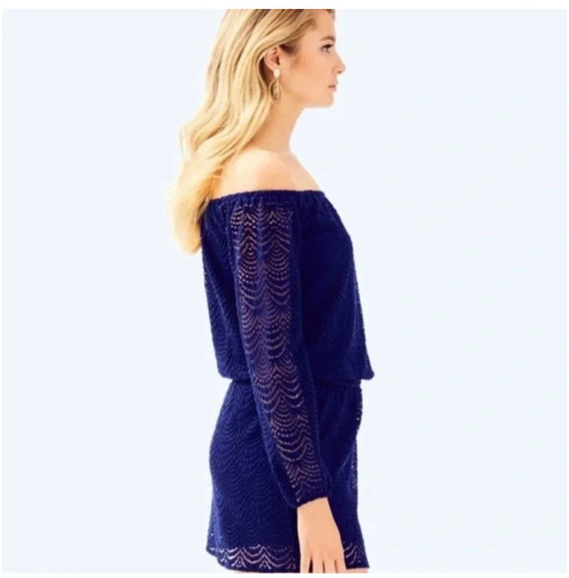 Thumbnail: Lilly Pulitzer “Lana” Lace Off-The-Shoulder  Romper in Navy Blue- Size L