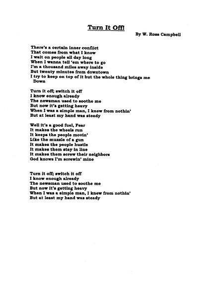 Song lyrics titled 'Turn It Off!' by W. Ross Campbell, featuring themes of inner conflict, resilience, and societal pressures