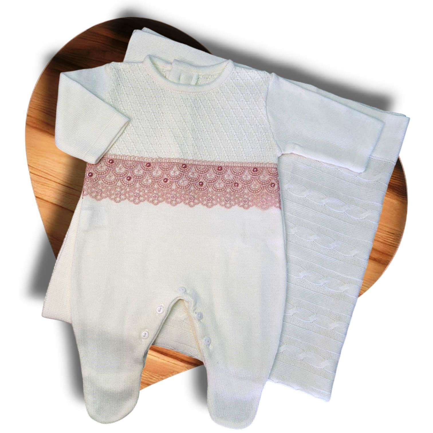 Saída Maternidade Tricô Renda Rosê kit2