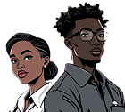 image of 2 staff members who are black and white in race. should have a comic book effect 