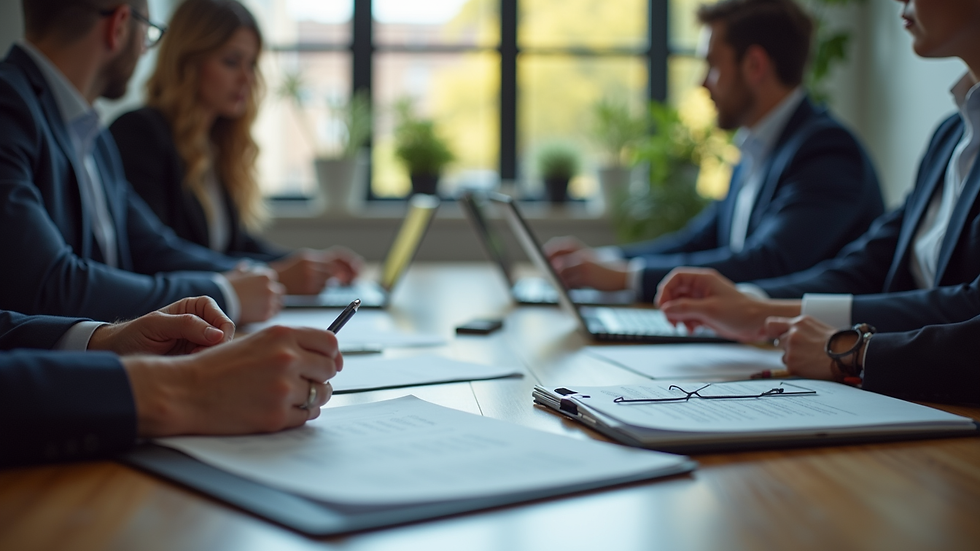 High angle view of a business meeting with documents and laptops