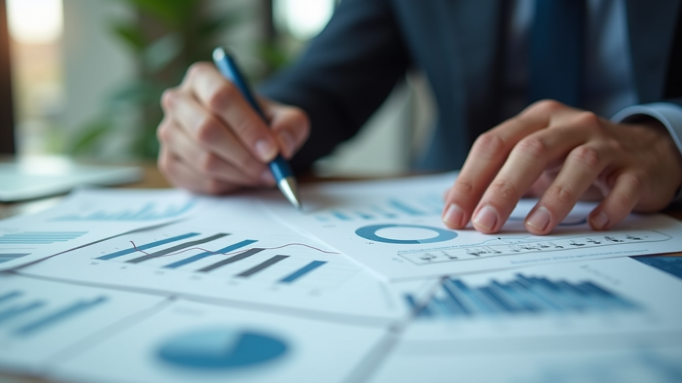 Close-up view of a business consultant reviewing financial reports and charts