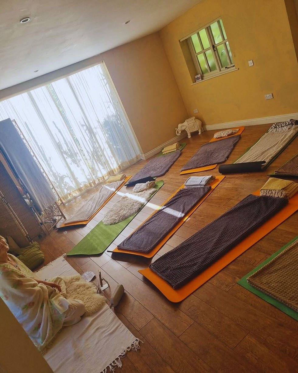 Eye-level view of a serene yoga studio with mats arranged for a group session