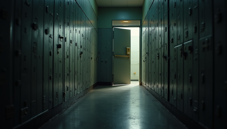 Eye-level view of a prison cell door slightly ajar with light shining through