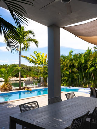 Outdoor patio with pool, table, and palm trees with a sunny background.