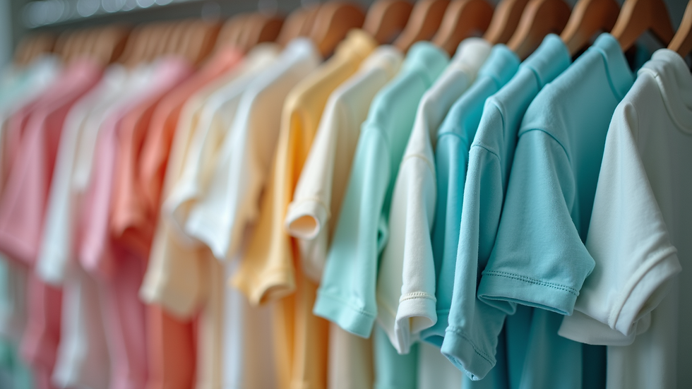 Eye-level view of colorful baby onesies hanging on a rack