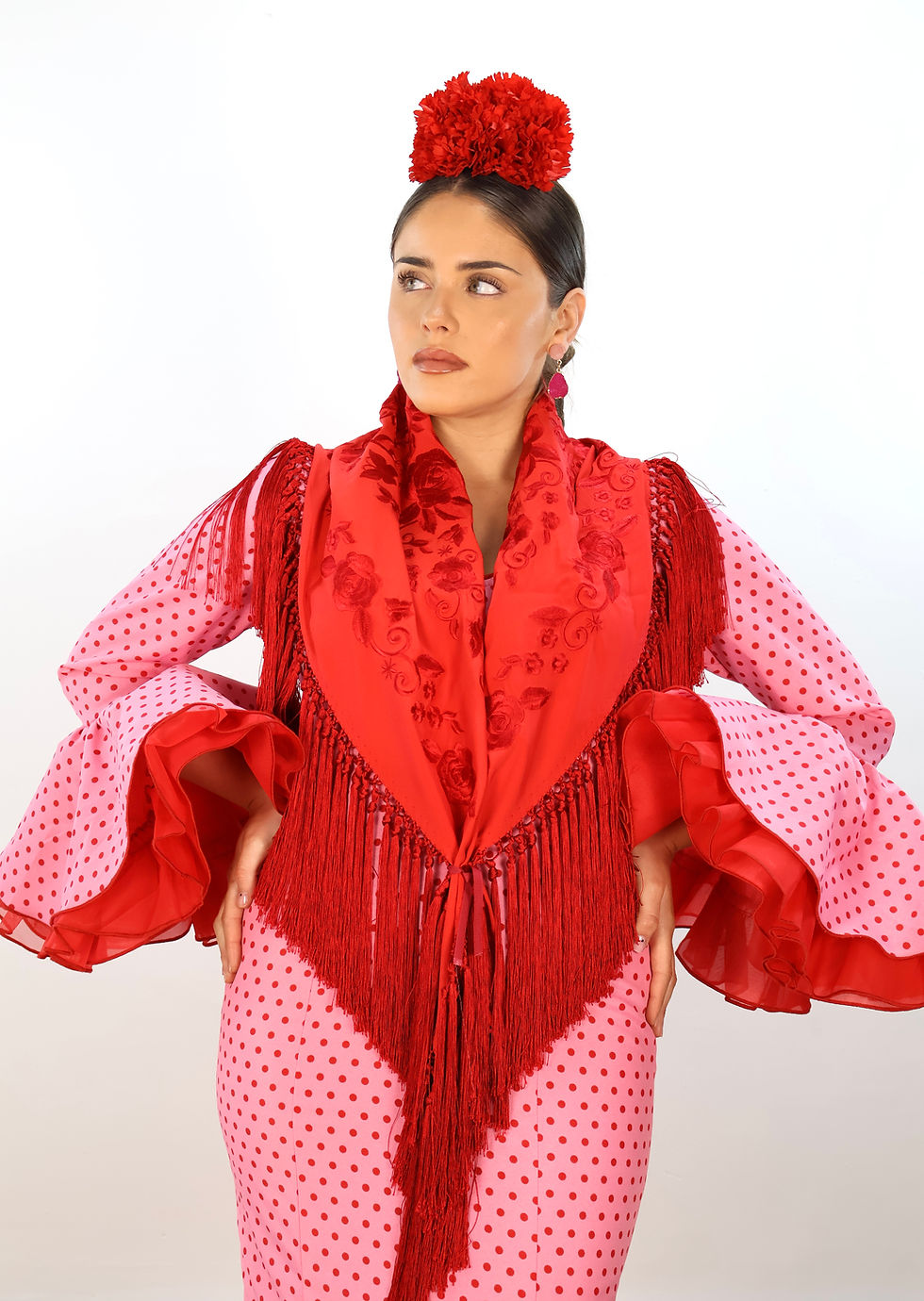 Miniatura: Vestido de flamenca clavel rosa lunar rojo