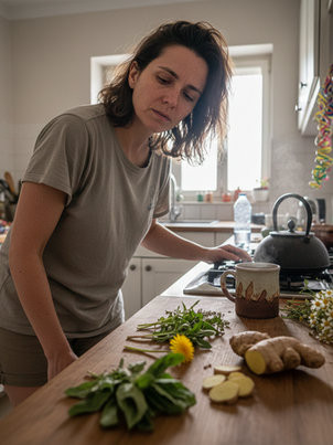 Mulher com aparência cansada e cabelo bagunçado em uma cozinha iluminada, preparando chá natural. Sobre a mesa de madeira, há fatias de gengibre fresco, dente-de-leão e ervas medicinais, com uma chaleira ao fundo.