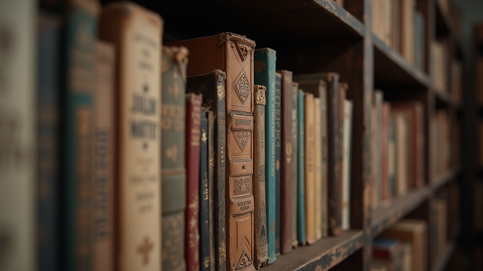 Close-up view of a rustic bookshelf filled with various books