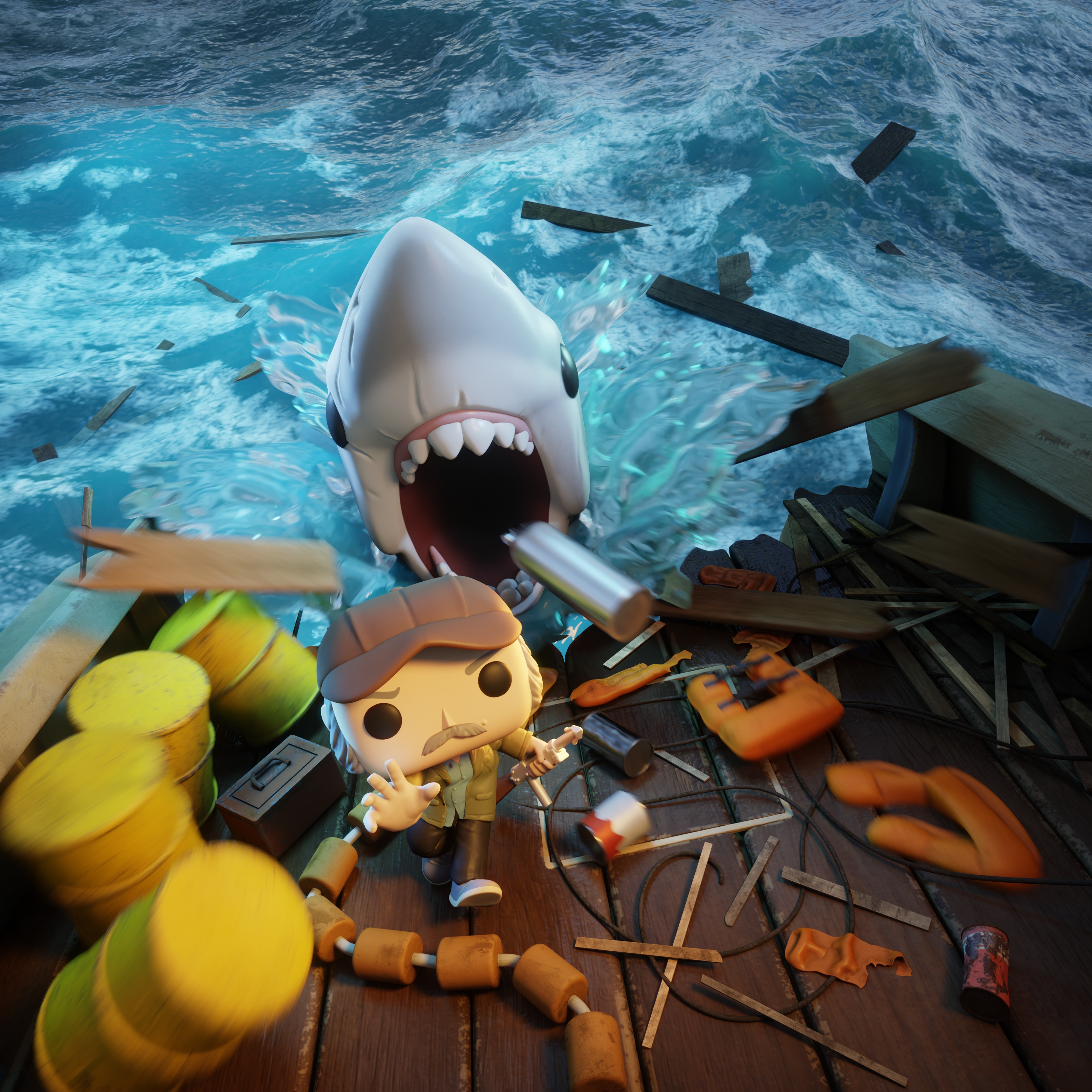 Stylized Jaws scene with a boat and shark