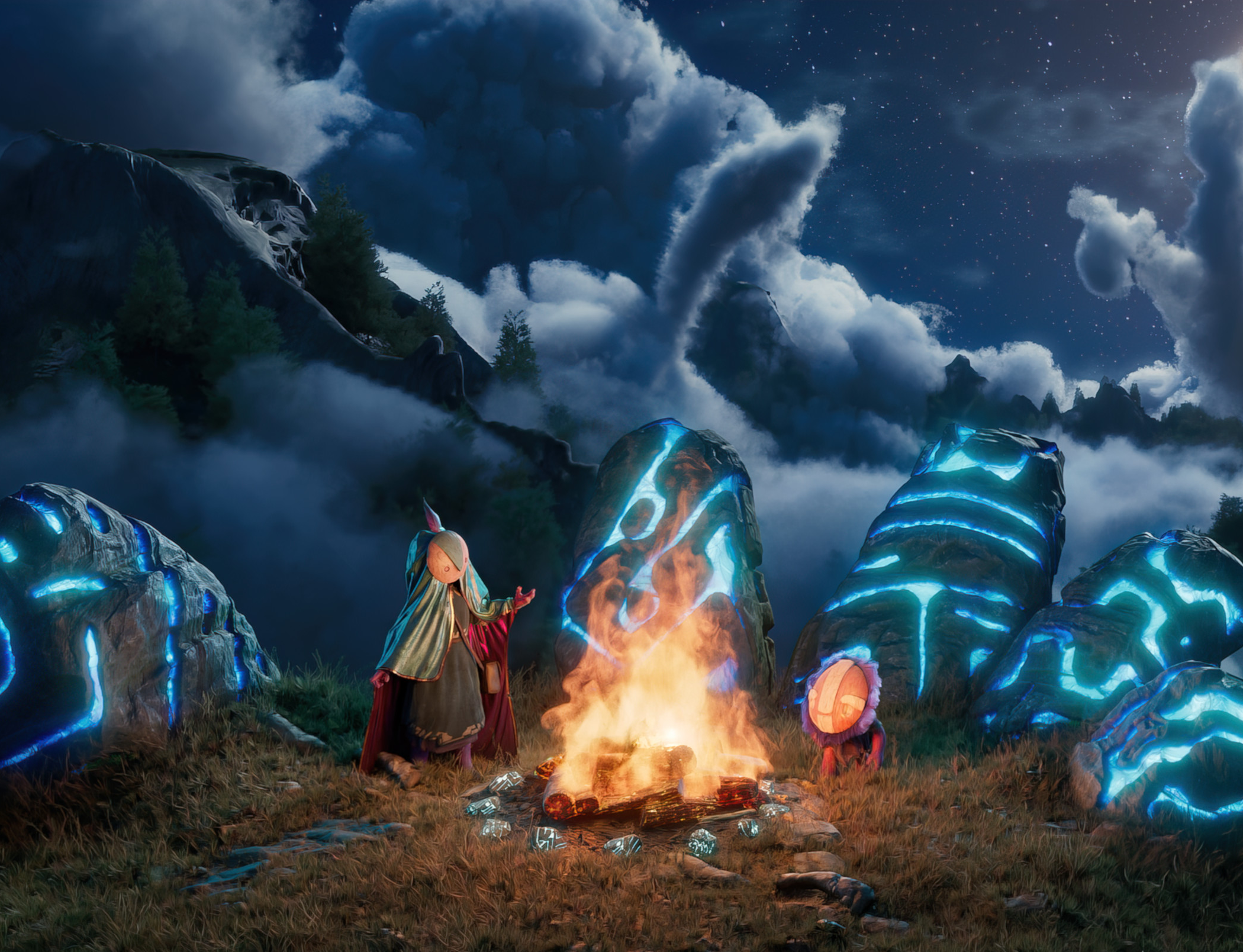 Summon fantasy character beside a fire