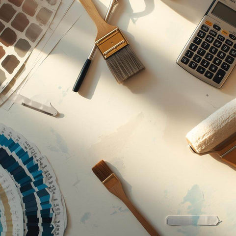 Painting tools, color swatches, brushes, and a calculator laid out on a workspace — representing how professional painters estimate project costs.