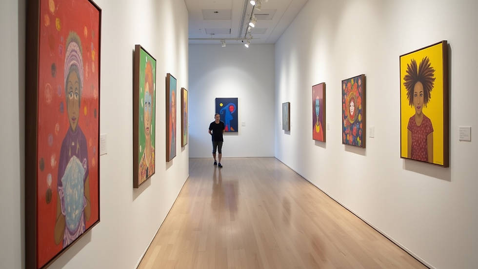 Eye-level view of a gallery wall displaying colorful abstract paintings