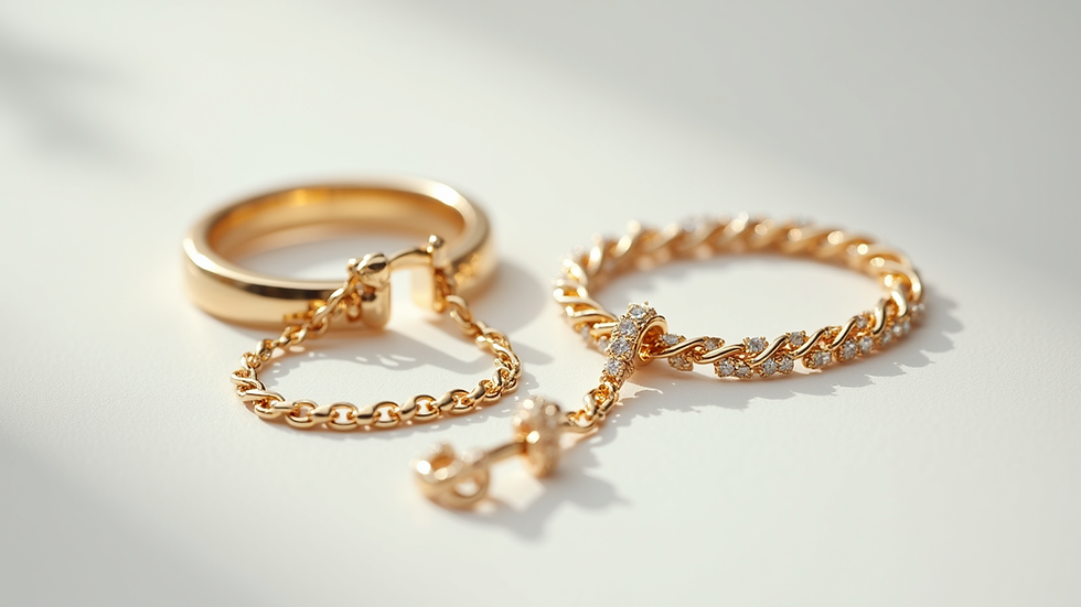 Close-up view of gold jewelry pieces on a white surface