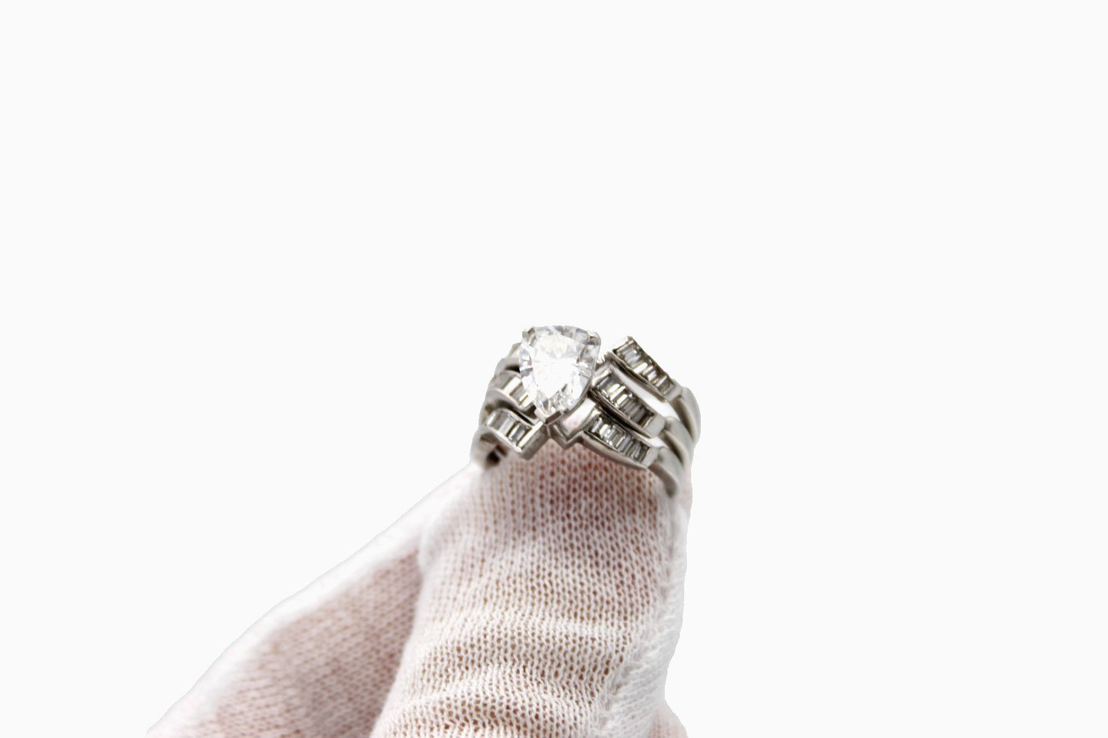Platinum 950 2 CT Pear Natural Diamond Bridal Ring Set Baguette Size 8.5  12.9g