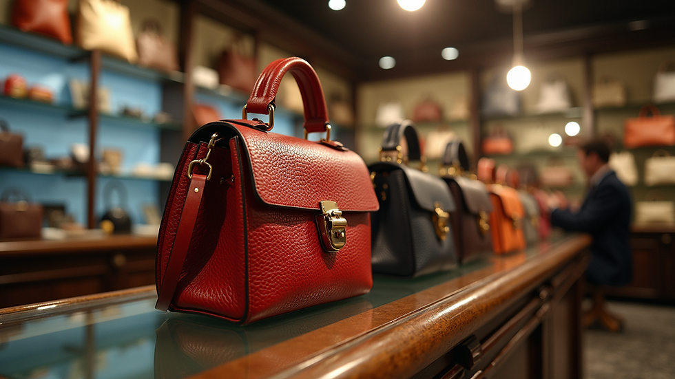 Eye-level view of a pawn shop counter with luxury handbags displayed