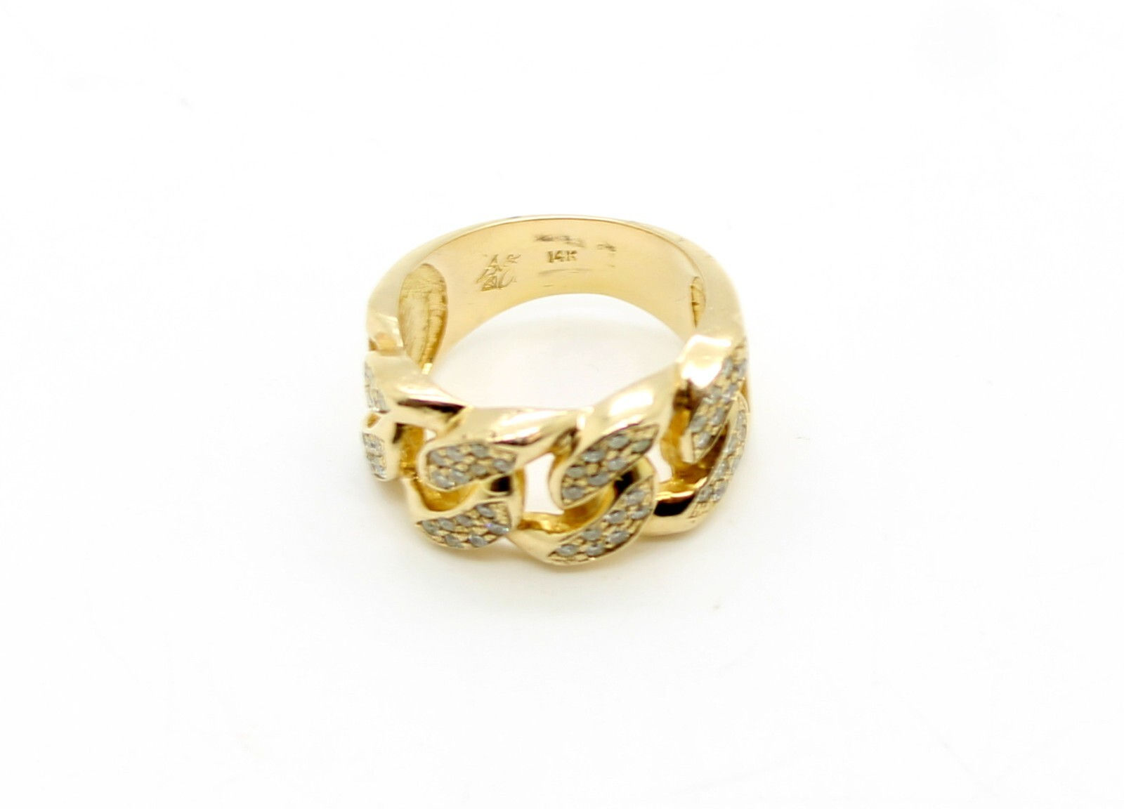 14K Solid Yellow Gold Pave Set Diamond 11.8mm Cuban Link Band Ring Size 7.0