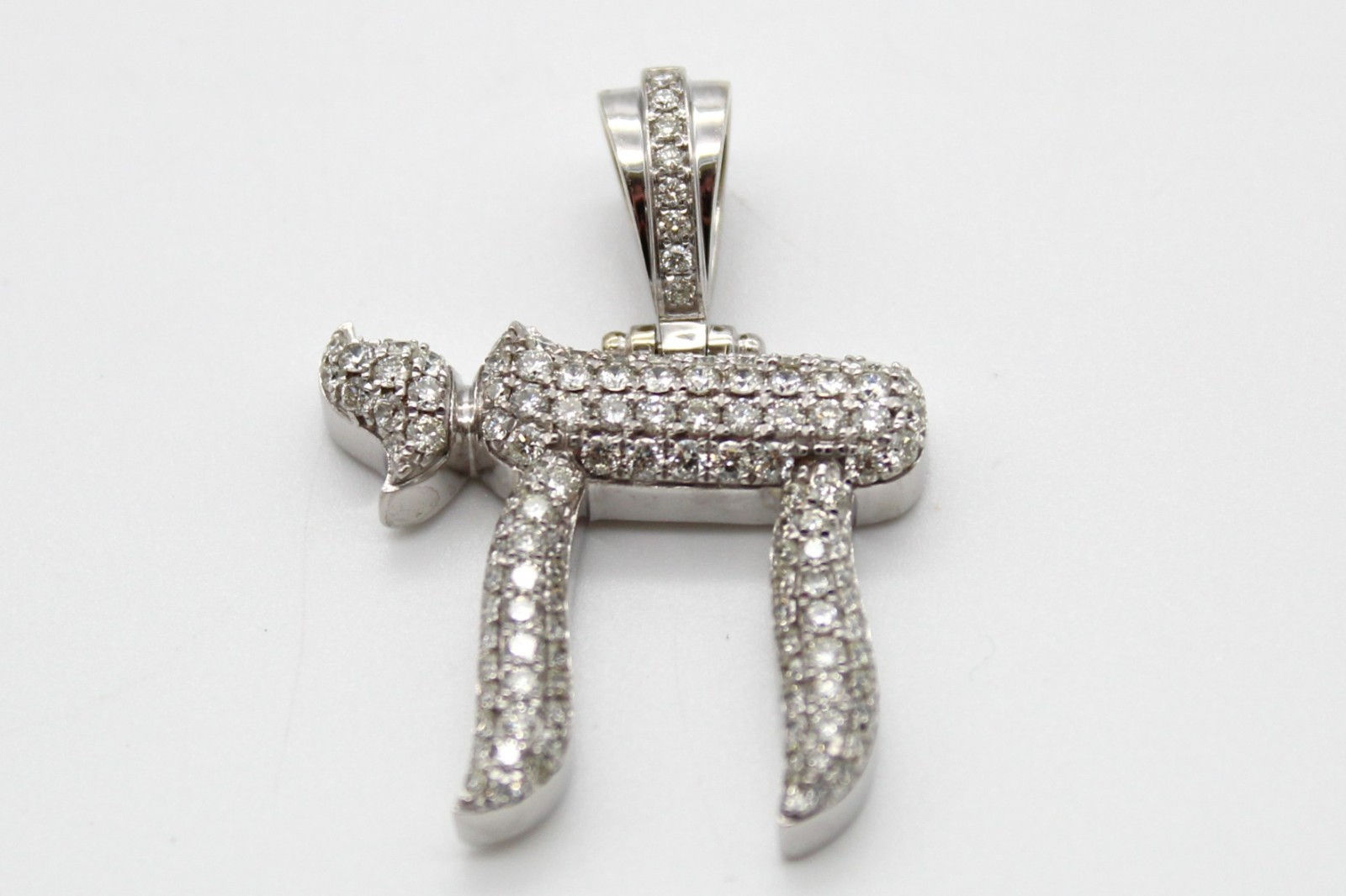 14K White Gold Diamond Chai Pendant Jewish Charm 9.4g Pavé Diamonds Large