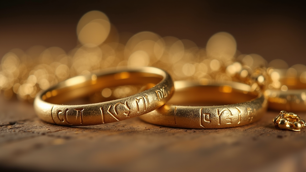 Close-up view of gold jewelry with karat stamps