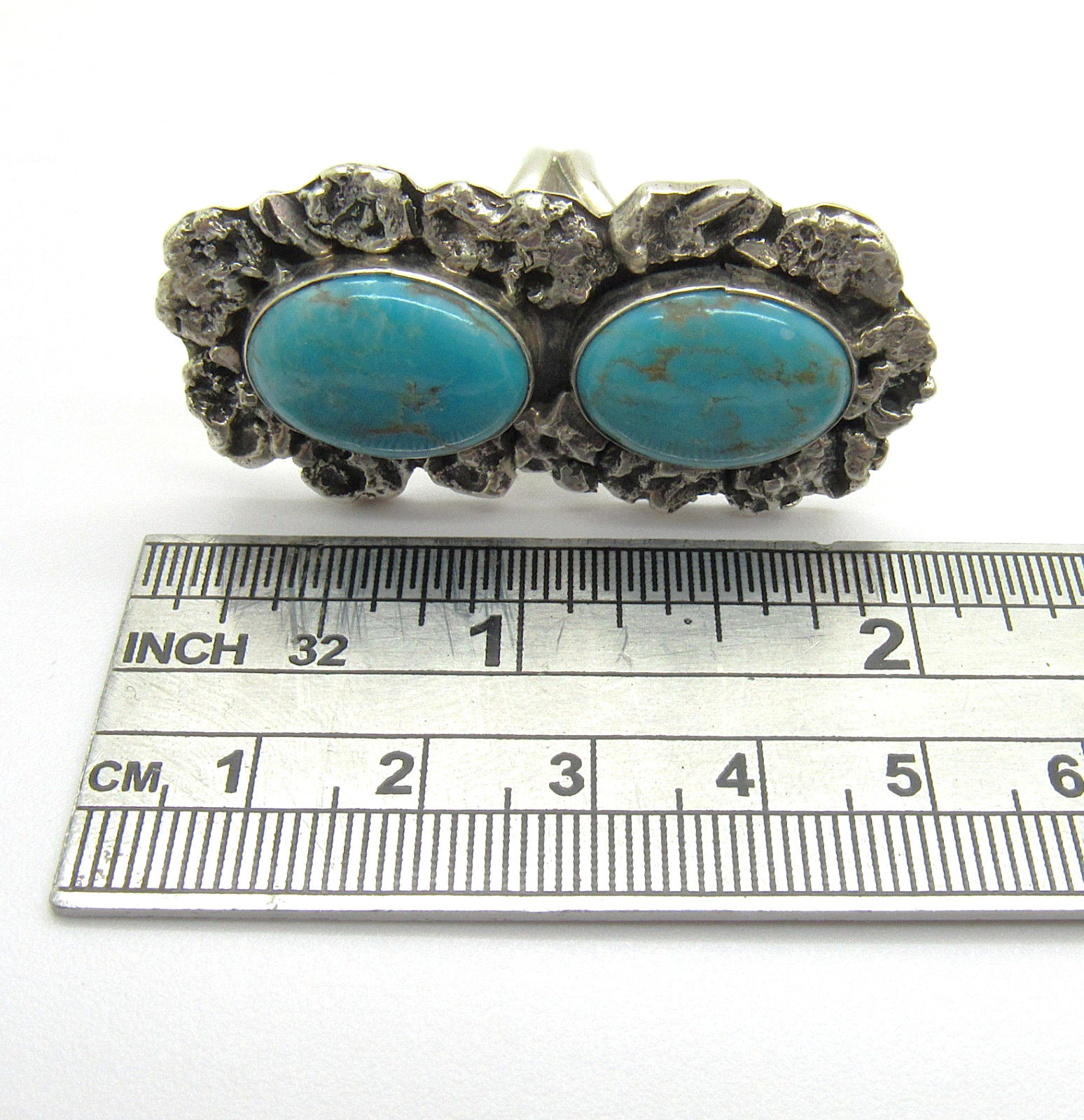 Navajo Signed Ronald Tom RT Sterling Silver Double Turquoise Ring Size 7