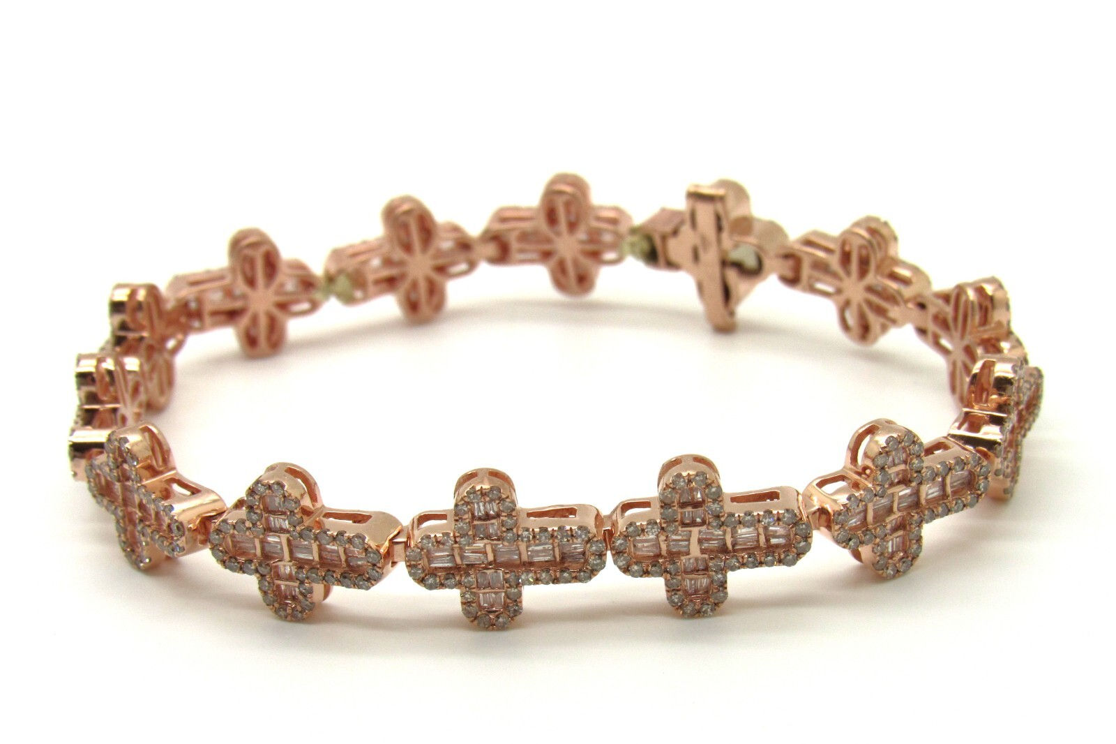 Baguettes & Round Cross Real Diamond Bracelet 10K Rose/Pink Gold 11MM 7"