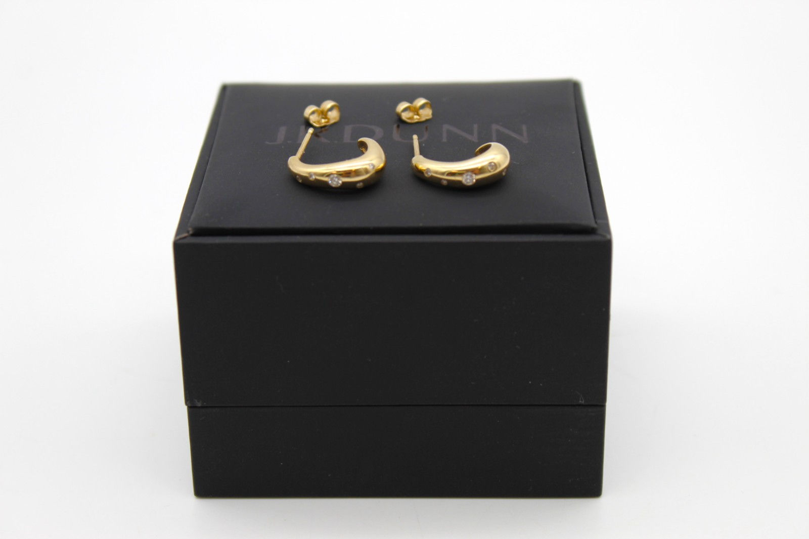 14K Yellow Gold Diamond Accent J-Hoop Earrings 4.8g Pierced Studs w/ JR Dunn Box