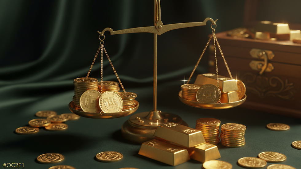 Close-up view of gold coins and bars on a weighing scale