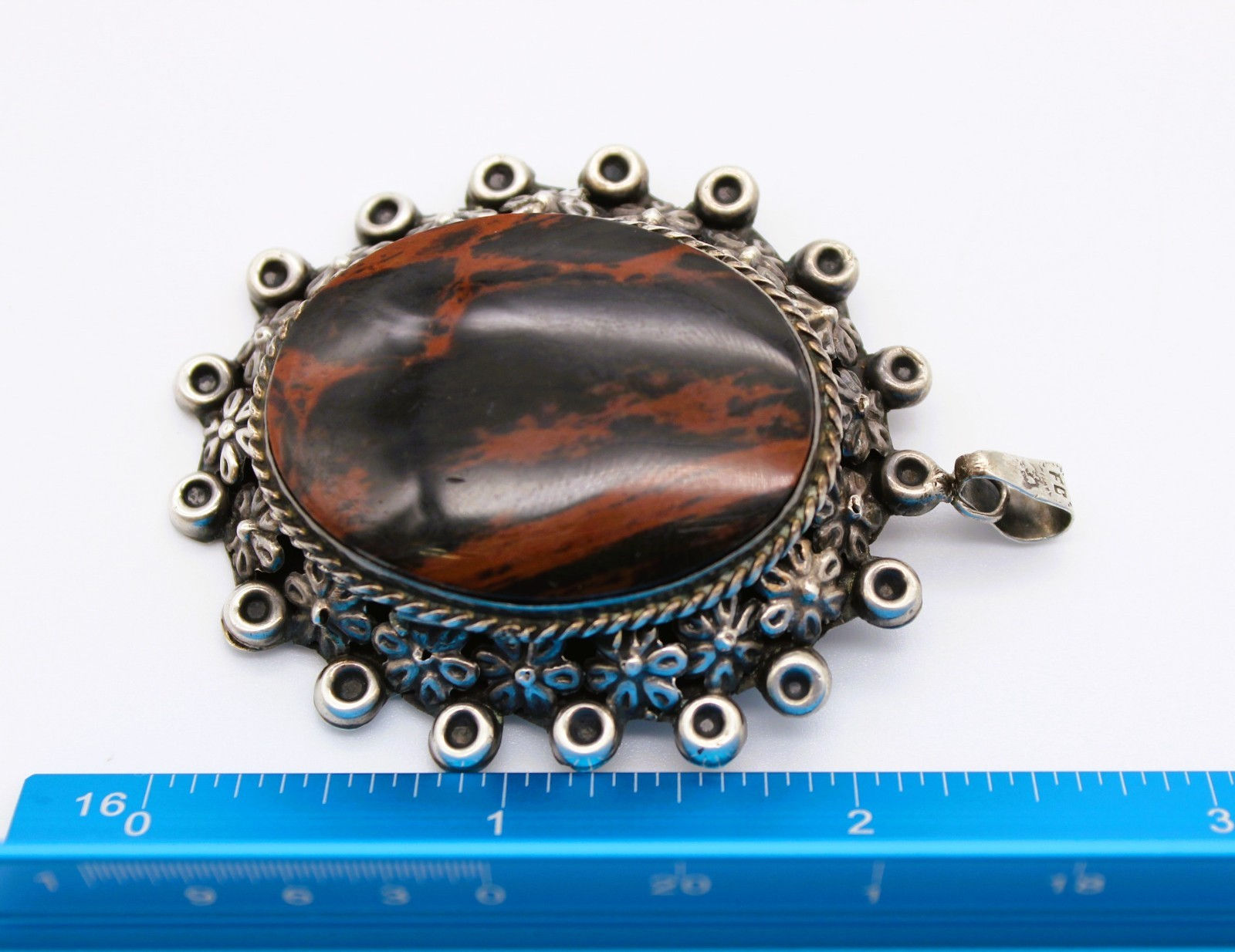 Vintage Mexican Sterling Silver Mahogany Obsidian Pendant 30.4g Large Floral