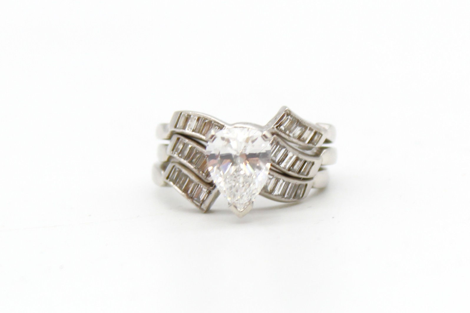 Platinum 950 2 CT Pear Natural Diamond Bridal Ring Set Baguette Size 8.5  12.9g