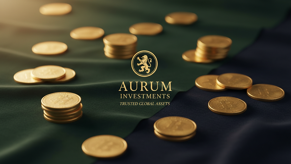 Eye-level view of gold coins arranged on a velvet cloth