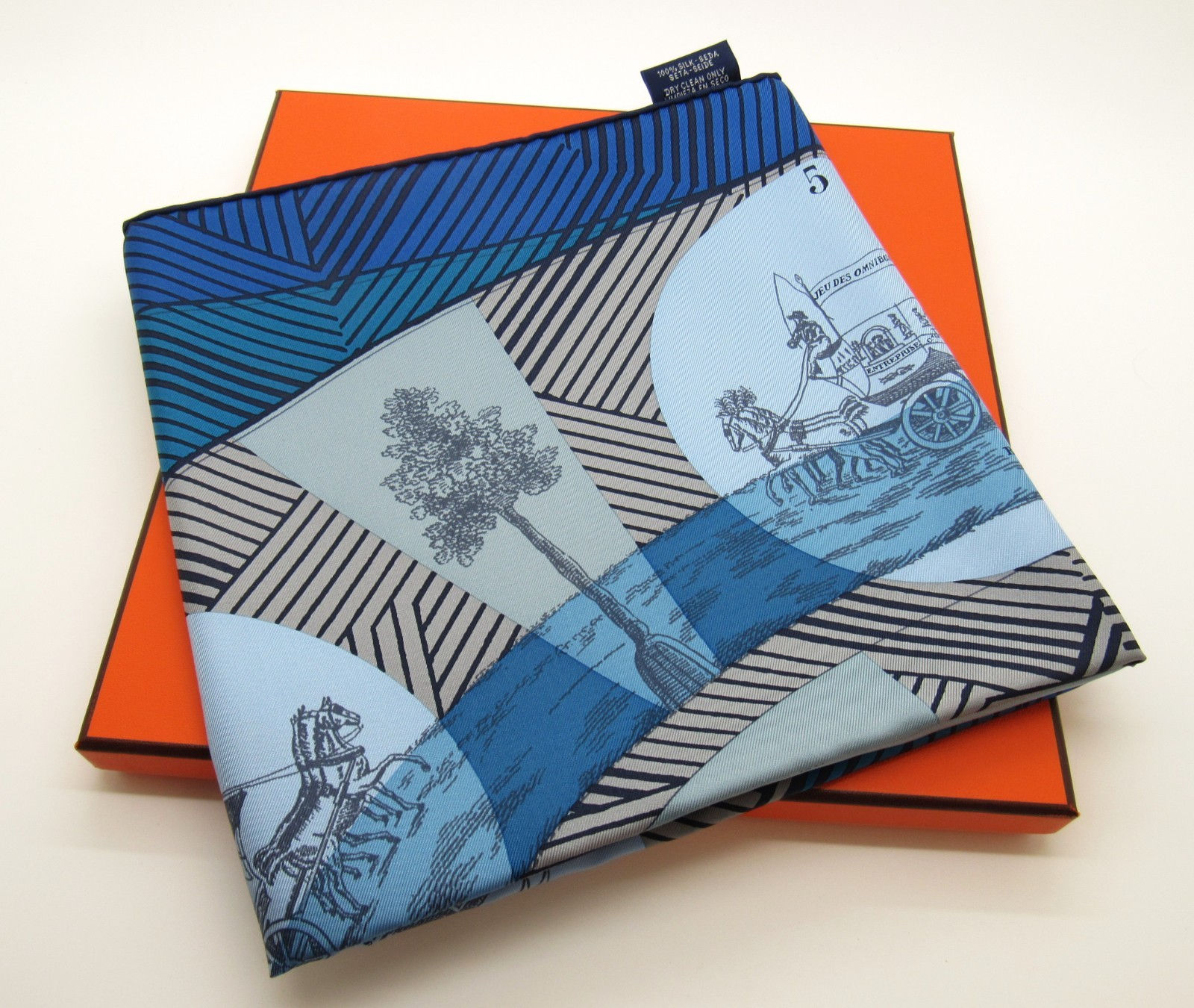 Brand New Hermes 100% Silk Jeu Des Omnibus Remix Scarf 90 Cobalt Ciel Gris
