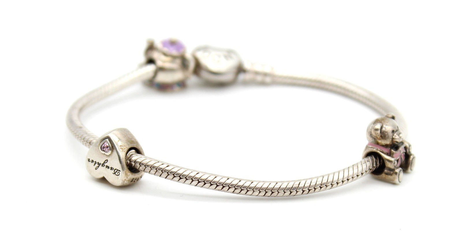 Pandora Sterling Silver Charm Bracelet 7" w/ 3 Charms Elephant Teddy Teapot Hear