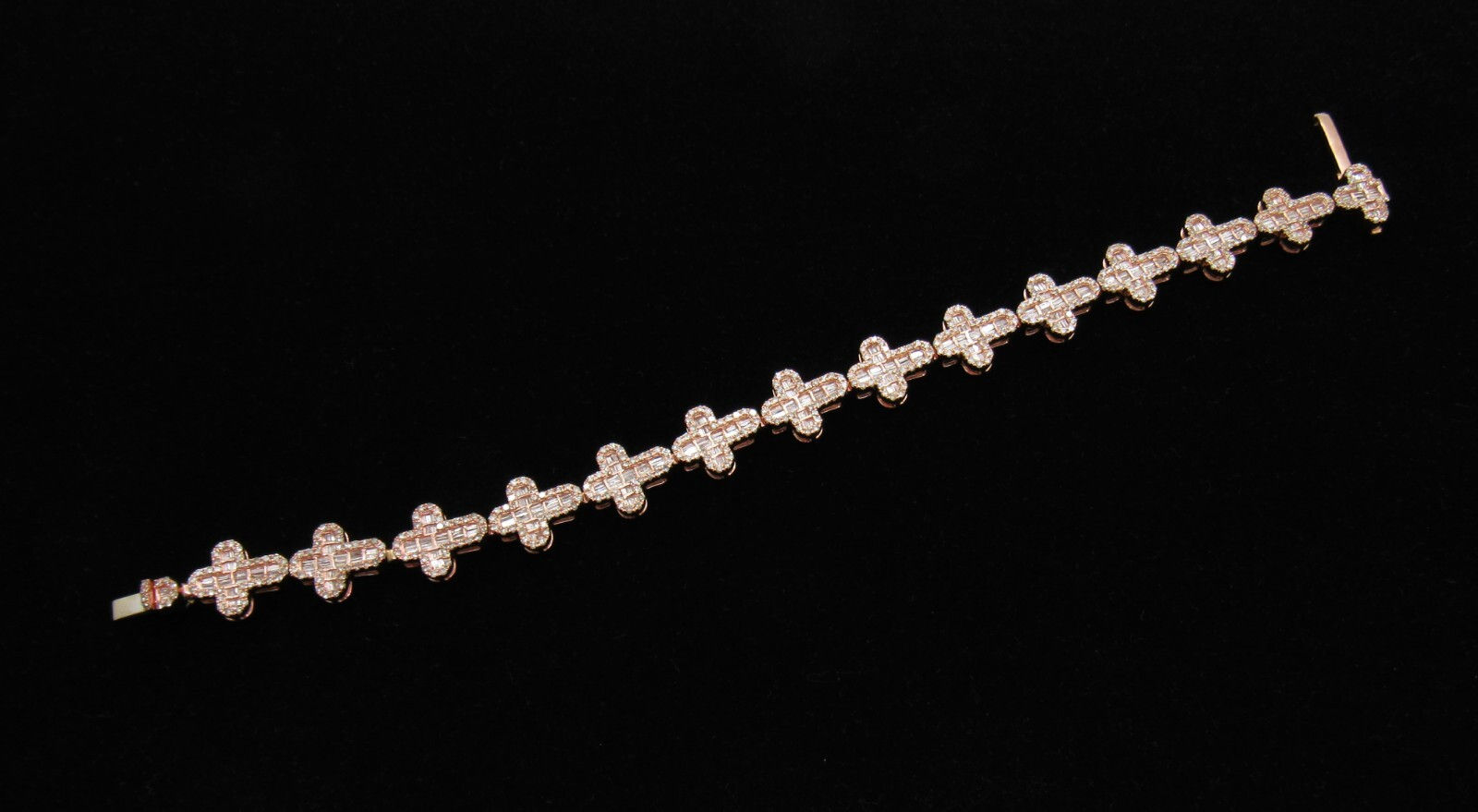 Baguettes & Round Cross Real Diamond Bracelet 10K Rose/Pink Gold 11MM 7"