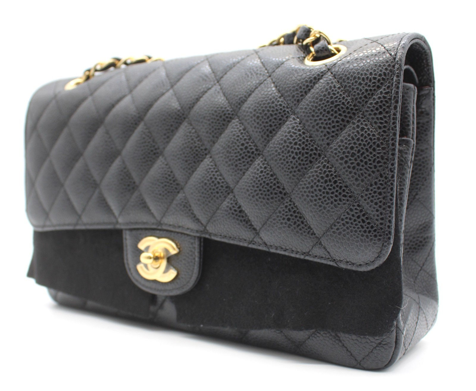 Authentic  CHANEL Medium Classic Flap Bag Black Caviar Leather Gold Hardware