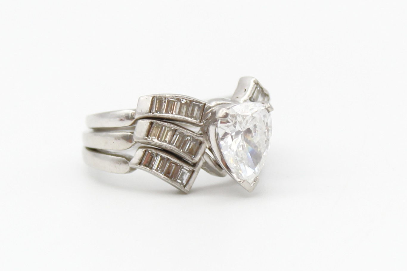 Platinum 950 2 CT Pear Natural Diamond Bridal Ring Set Baguette Size 8.5  12.9g