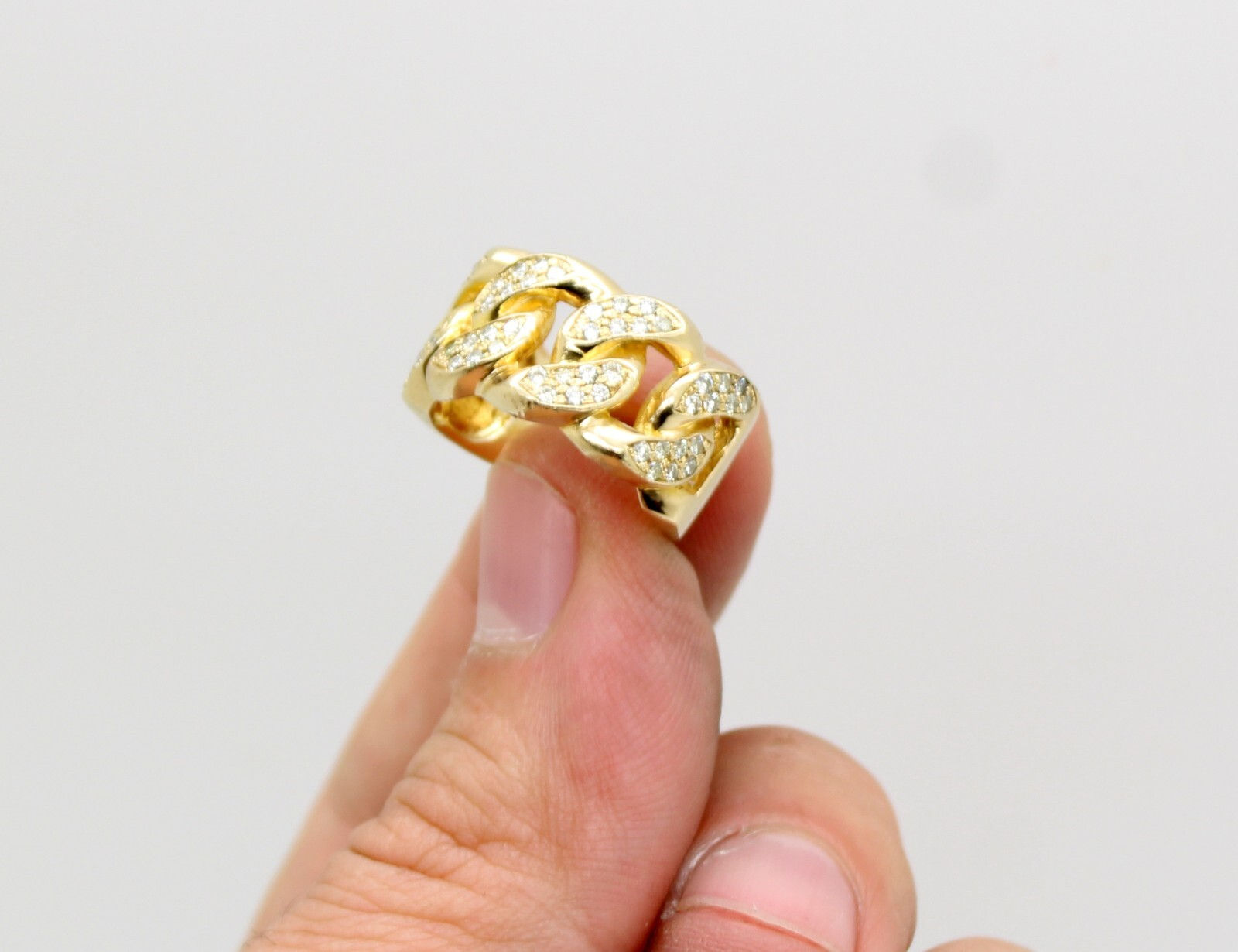 14K Solid Yellow Gold Pave Set Diamond 11.8mm Cuban Link Band Ring Size 7.0