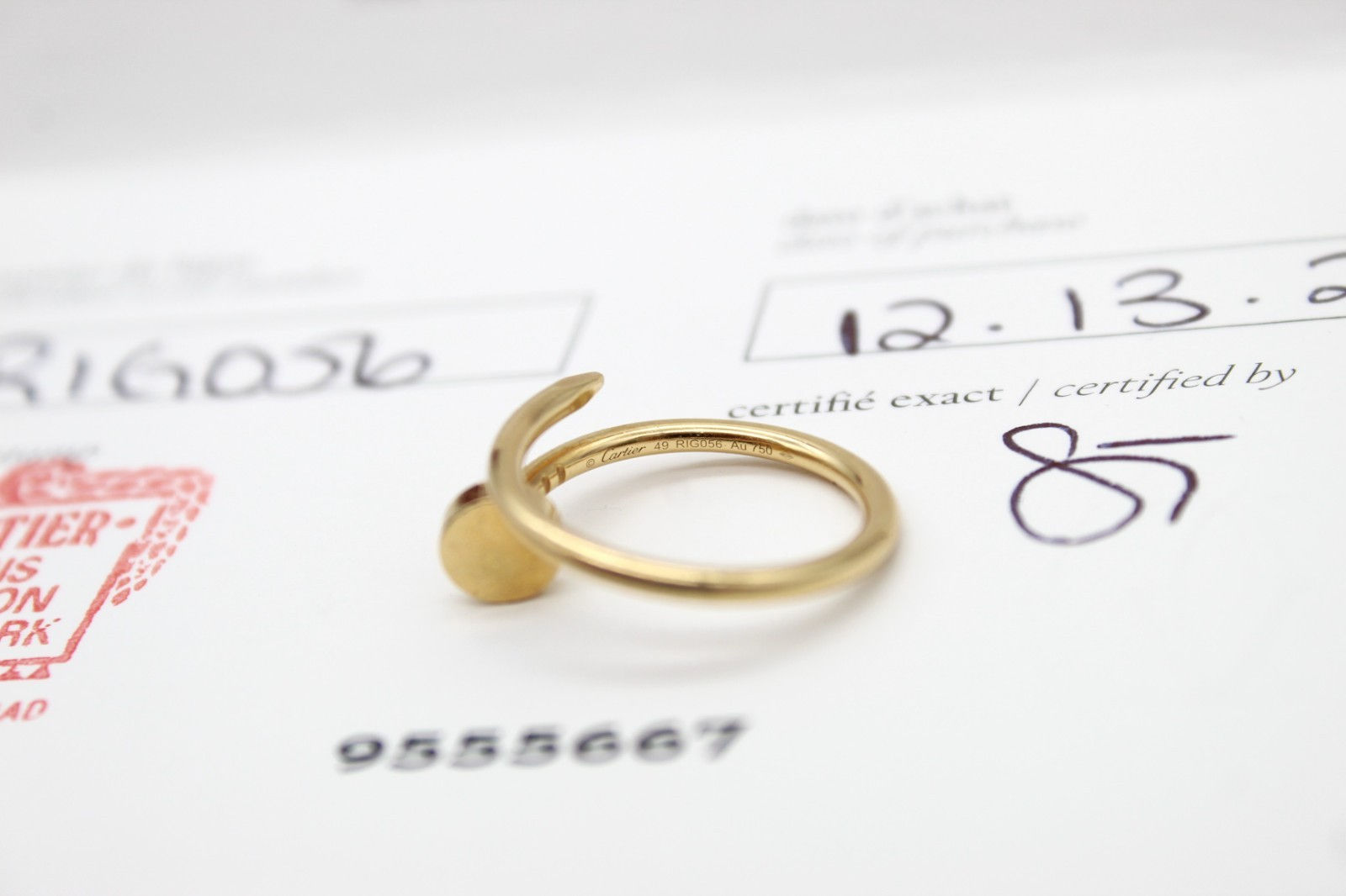 Cartier Juste Un Clou Ring Small Model 18K Yellow Gold Size 49 w/Box Certificat
