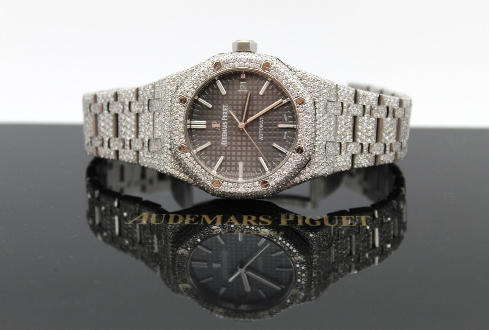 Audemars Piguet Royal Oak 37mm Stainless Steel Grey Dial ICED OUT Diamonds Watch