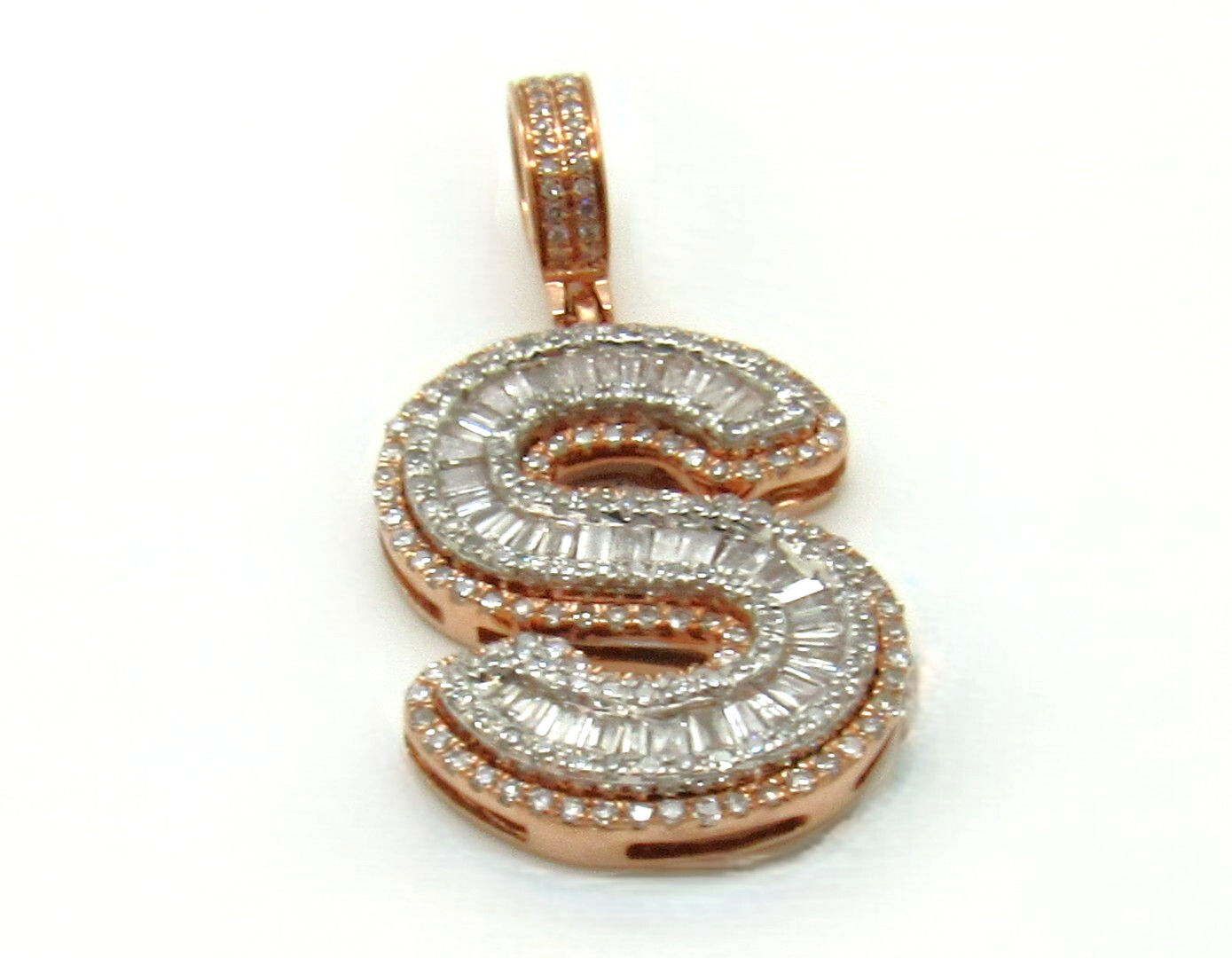 Baguette & Round Cut  "S" Initial Pendant 10K Rose Gold