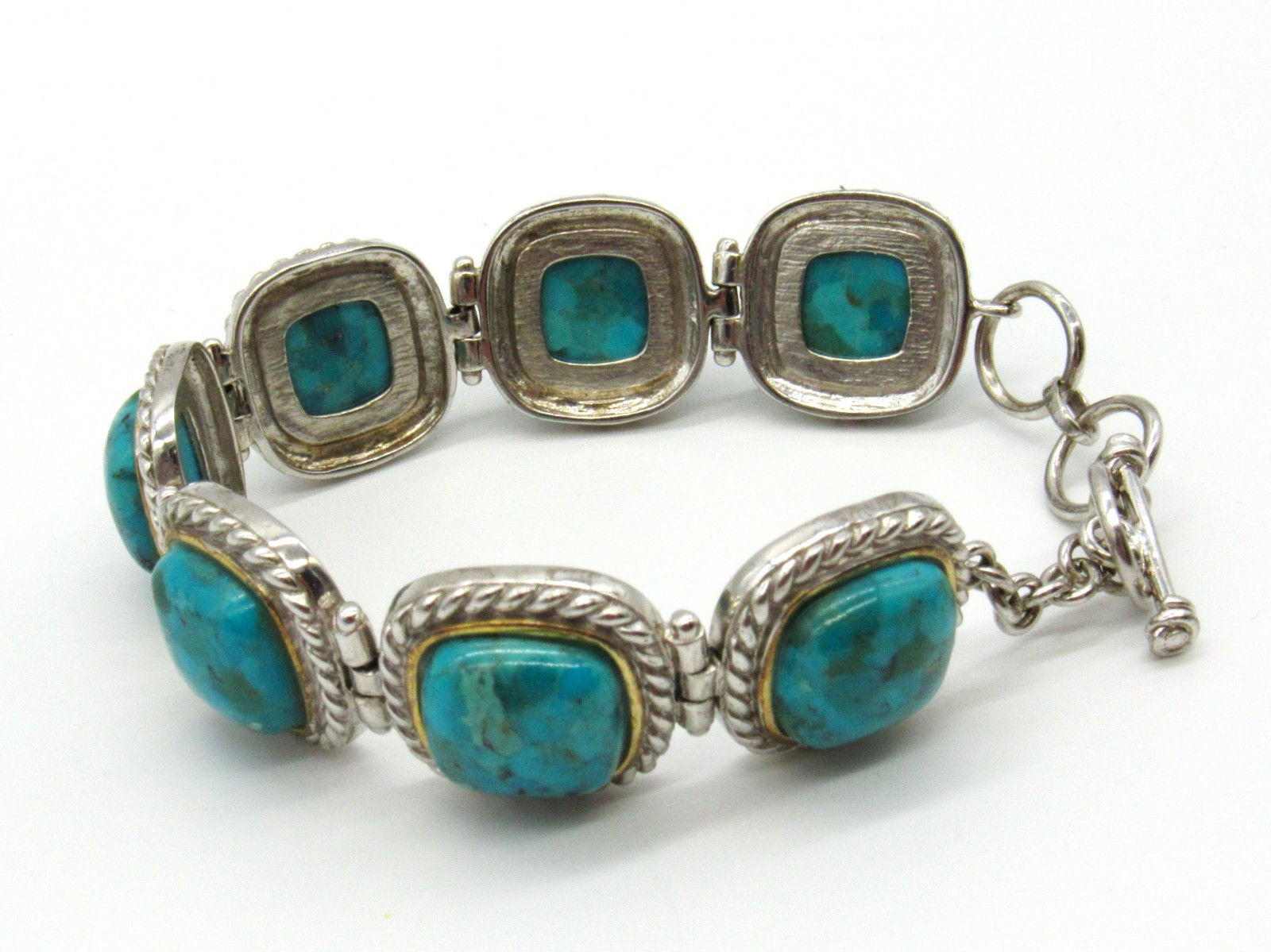 Sterling Silver 925 Turquoise Cabochon Link Bracelet Toggle Clasp