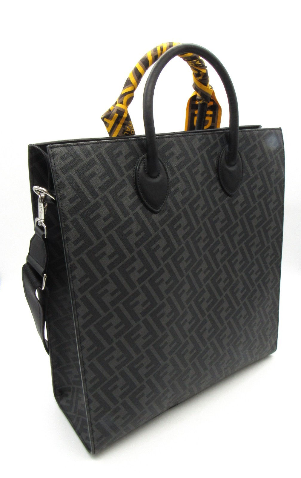 Fendi Diagonal Zucca Tote LargeShopper Bag 7VA578 Black & Yellow Canvas Leather