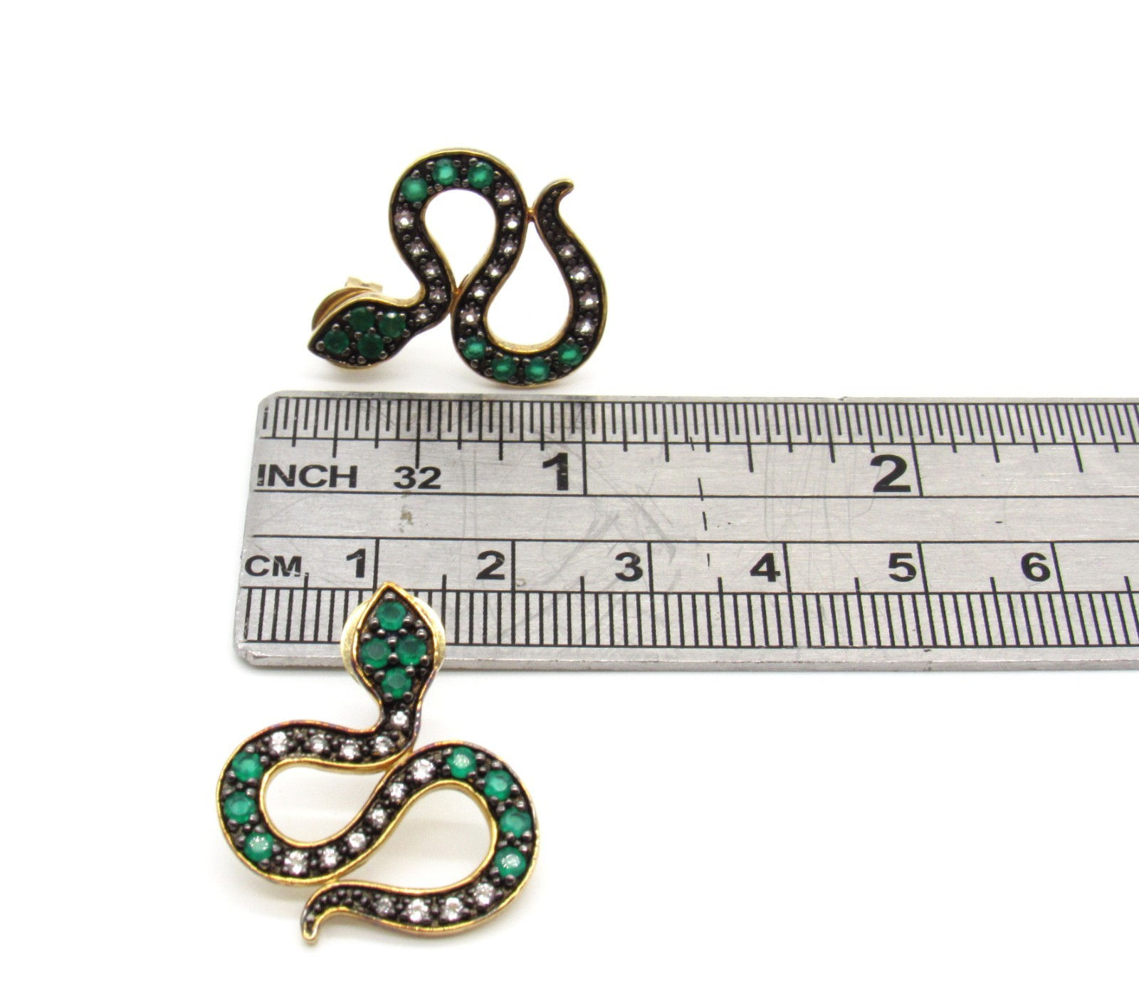 Sterling Silver Snake Earrings Green & Transparent Stones Vermeil 925 India