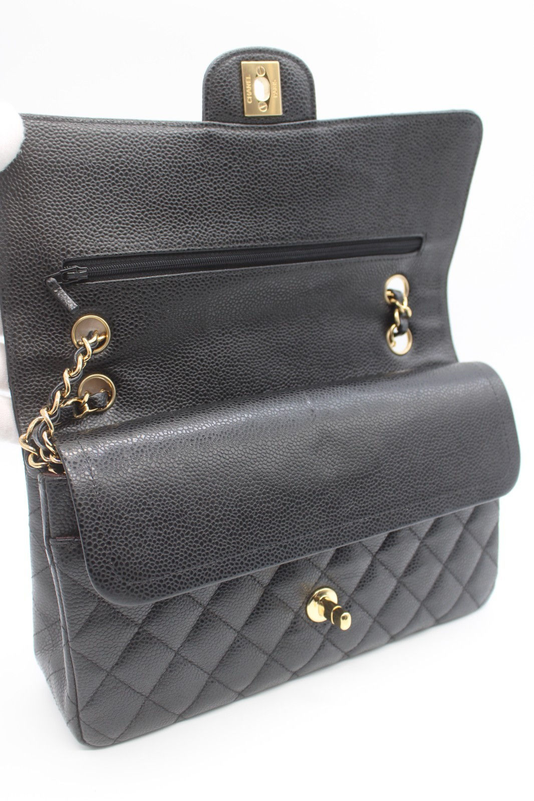 Authentic  CHANEL Medium Classic Flap Bag Black Caviar Leather Gold Hardware