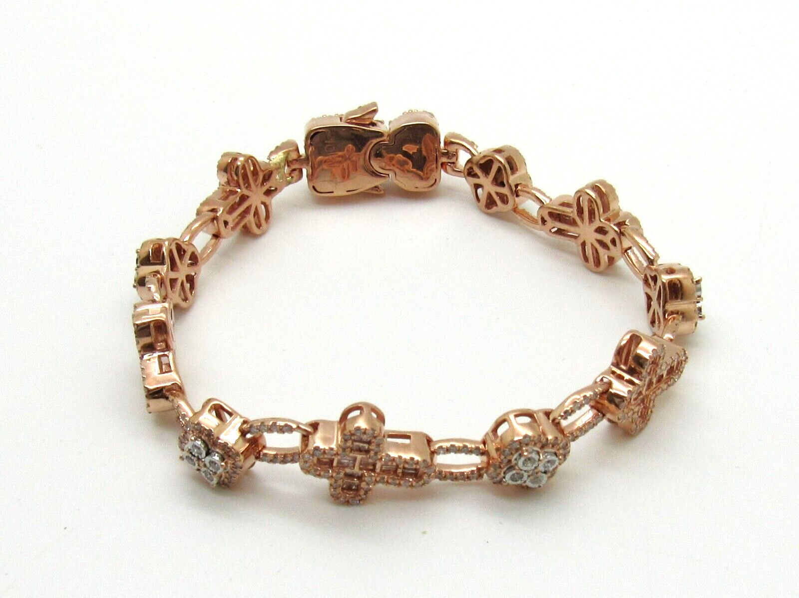 Baguettes & Round Cross & Clover Diamond Bracelet 10K Rose/Pink Gold 11MM 7".