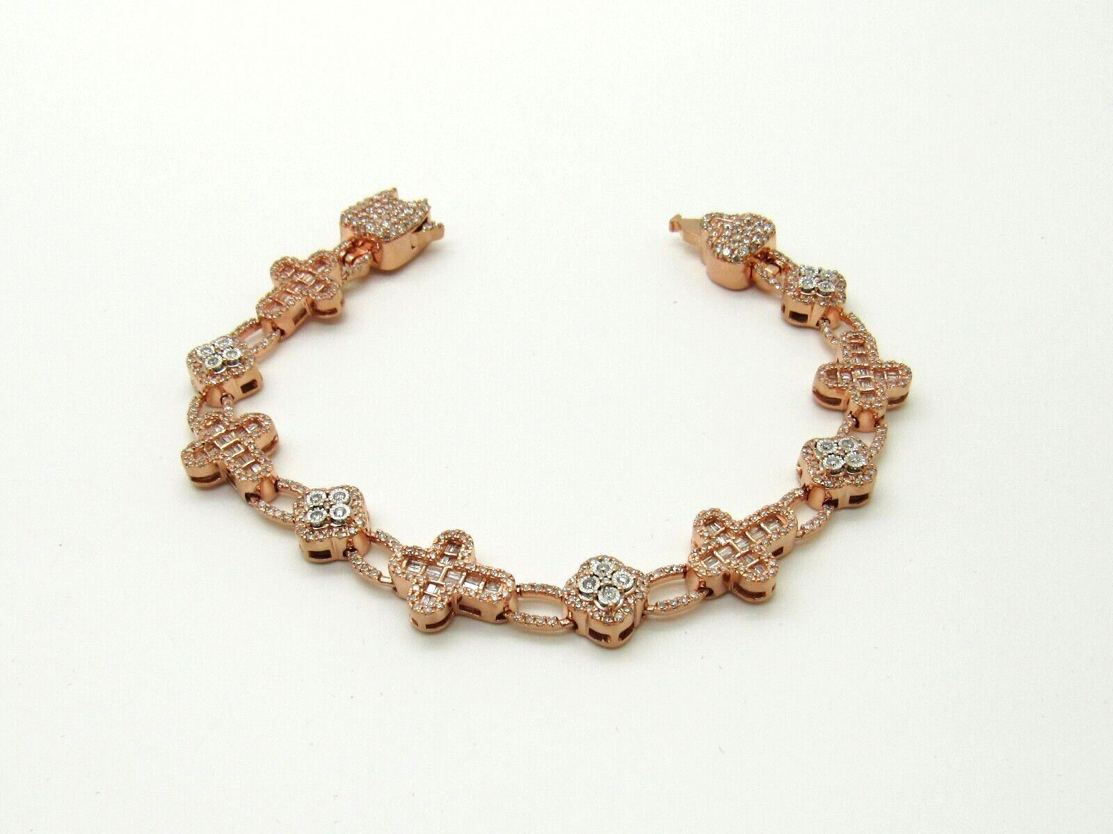 Baguettes & Round Cross & Clover Diamond Bracelet 10K Rose/Pink Gold 11MM 7".