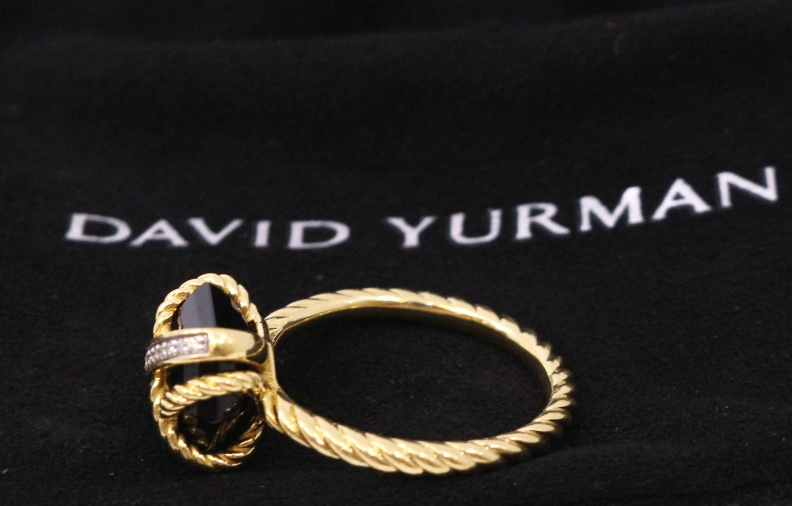 David Yurman 18k Gold Cable Wrap Onyx & Diamonds Ring  Size 7.75