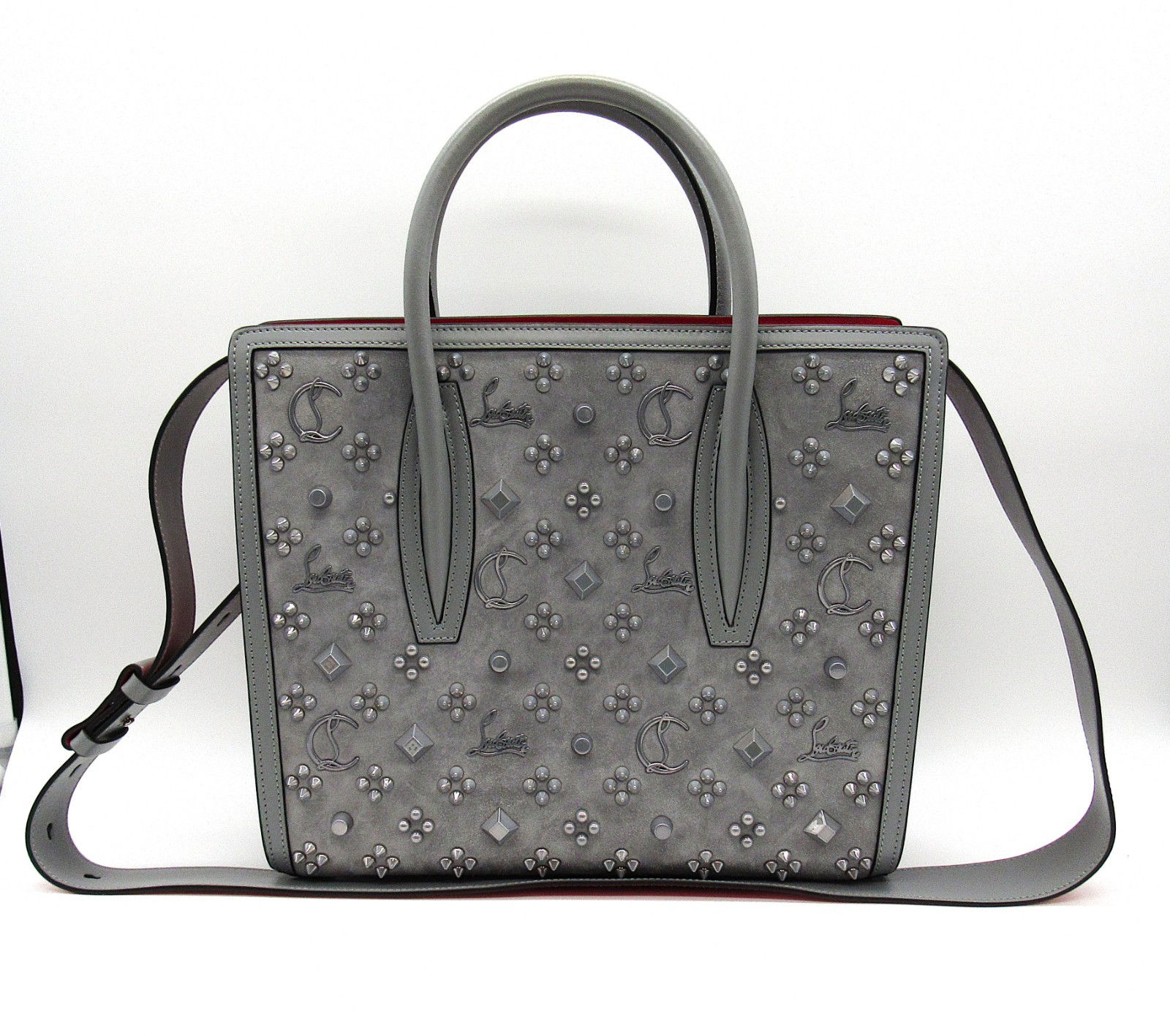 Christian Louboutin Paloma Small Tote Grey Suede Leather Studded 2-Way Bag