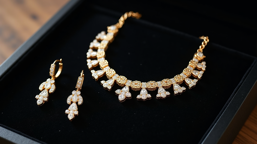 High angle view of gold necklace and diamond earrings on black velvet