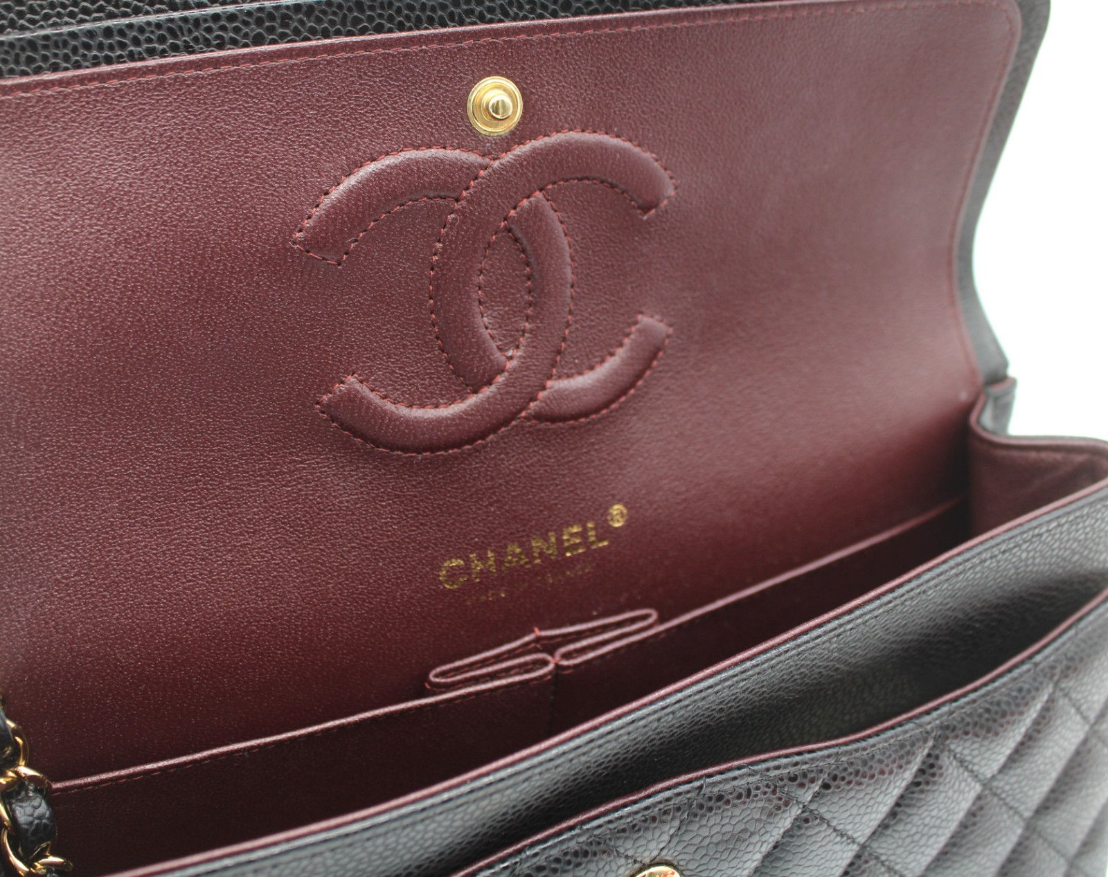 Authentic  CHANEL Medium Classic Flap Bag Black Caviar Leather Gold Hardware